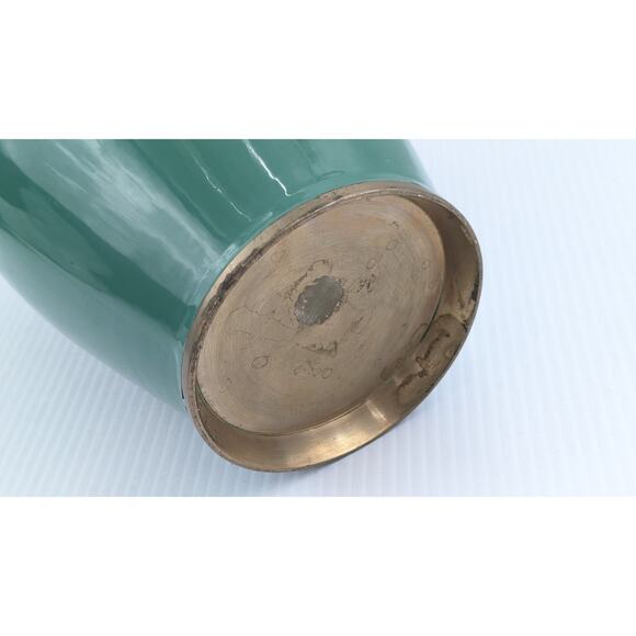 Green Enamel Brass Cloisonne Mother of Pearl Flower Bird Inlay Vase 10" Vintage - Picture 10 of 11